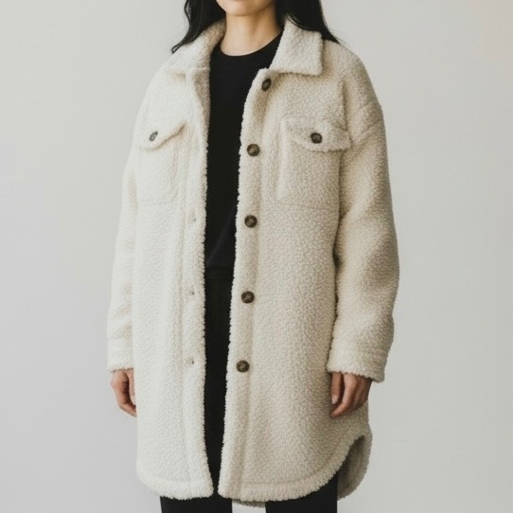 Vigoss Women's Sherpa Fleece Long Teddy Coat Jacket Cream Cozy size Large